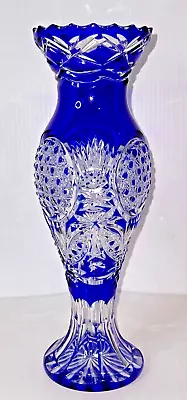 Buy Lovely  Cobalt Blue Crystal Cut To Clear Glass Vase, 13.5” Tall, Original Label • 142.05£