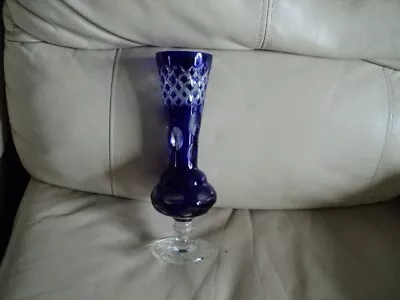 Buy Antique Bohemian Czech Blue Cobalt & Clear Cut Crystal  Vase 23.5cm Tall • 28£