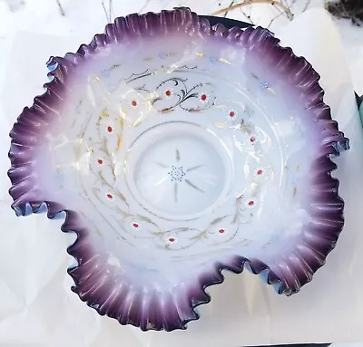 Buy Victorian Amethyst Ruffled Bridal Basket Fluted Bowl Hand Painted Antique Glass • 66.34£