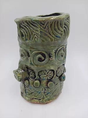 Buy Hand Built Textured Studio Art Pottery Vase Brutalist Style Green Signed  • 24.97£