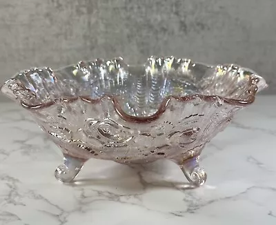 Buy Imperial Open Rose Footed Bowl Pink Iridized Crimped Edge W Roses • 47.94£