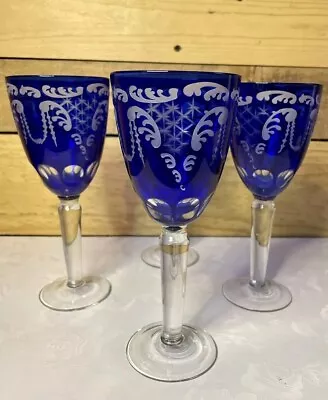 Buy Cobalt Blue Bohemian Cut To Clear Etched Glass Wine Glass Goblets Set Of 4 • 105.65£