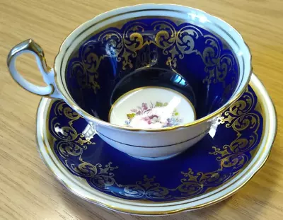 Buy Aynsley Bone China Teacup And Saucer In Blue And Gold • 9.99£