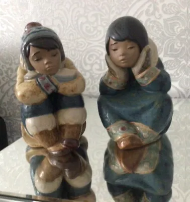 Buy 2 Stunning Lladro Gres  Pensive Eskimo Girl & Boy  Figures 2158 & 2159  mint • 225£