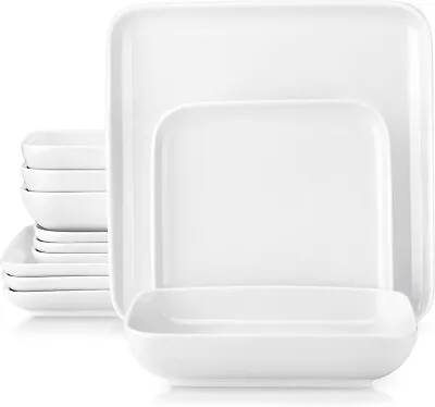 Buy Complete 12pc Dinner Set Porcelain White Crockery Square Large Plate Bowls For 4 • 79.99£