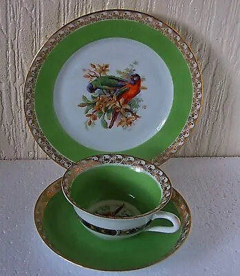 Buy Royal Epiag Exotic Birds Czechoslovakia Green And Gold  Cup  Saucer & Side Plate • 22£