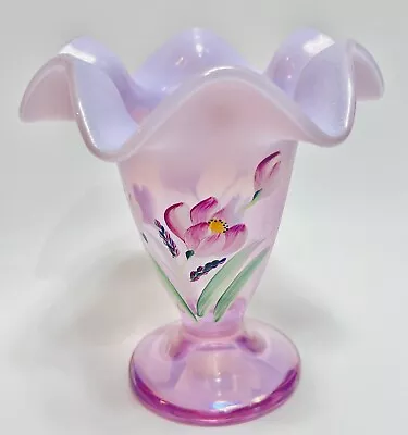 Buy 6” Fenton Hand Painted “Tulip Delight” Rosemilk Opalescent Stretch Vase • 71.04£