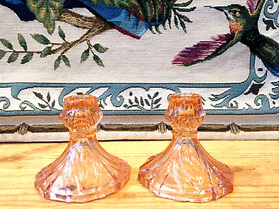 Buy PAIR Of VINTAGE ART DECO PERIOD PEACH/ PINK PRESSED GLASS CANDLESTICKS • 7.99£