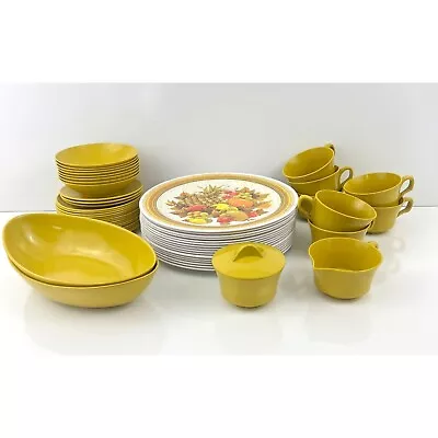 Buy Vintage 46 PC Melamine Dishes Set Fruit Gold National Home Products 70s NHP • 47.33£