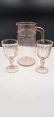 Buy Vintage Arcoroc Pink Optic Swirl Glass Pitcher & 2 Wine Glasses France Rosaline • 77.21£