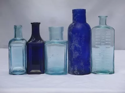 Buy 5 Superb Blue Glass Chemist Medicine Apothecary Vintage Old Bottles Poison Cure • 20£
