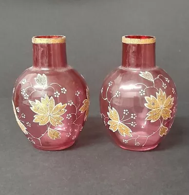 Buy Decorated Moser Cranberry Vases . Floral Decoration And Gold Pipe, Crack In One  • 45£