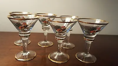 Buy Art Deco Set Of 6  Enamelled & Gilded Cockerel Cocktail Glasses • 55£