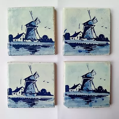 Buy 4 Matching Vintage Dutch Delft Windmill Tiles, 4.5cm X 4.5cm With Makers Mark • 2£