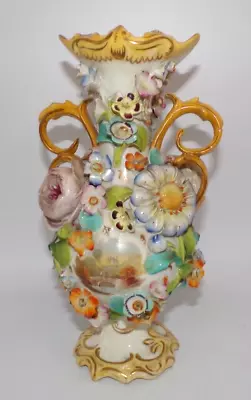 Buy Early C19th Coalport Coalbrookdale Hand Painted Landscape Flower Encrusted Vase • 76£