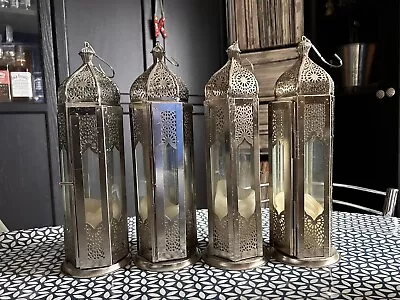 Buy 4 X Tall Moroccan Style Lanterns Silver Antique Finish Hanging Candle Holder • 40£