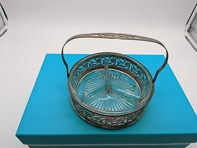 Buy Vintage  Depression Glass 3 Part Divided Dish W/Metal Basket Handle . Cc805 • 11.09£