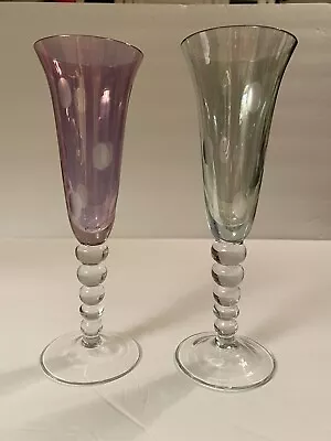 Buy Crystal Champagne Flutes 5 Ball Stems Etched Thumbprint Flute 1 Green 1 Purple • 21.62£