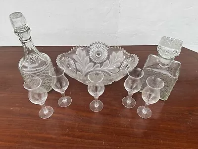 Buy Vintage Cut Glass Glassware -2x Decanter -5x Glasses -1x Decorative Glass Bowl • 14.99£