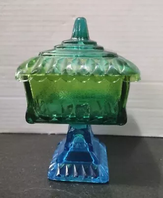 Buy 1940's Art Deco Jeannette Glass Wedding Blue Green Pedestal Covered Candy Dish • 18.74£