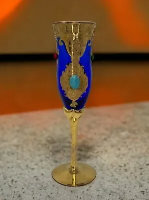 Buy Cobalt Blue With Gold Stenciled Accent And Cabachon Jewels Wine Flute • 32.31£