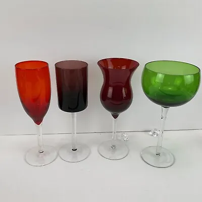 Buy Set Of 4 Mismatch Color Wine Glasses Ruby Emerald Amethyst Orange EUC • 33.14£