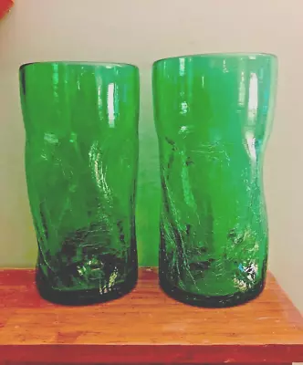 Buy Set Of 2 Blenko Tumblers Green Pinched Dimple Crackle Glasses 5.5” • 32.62£