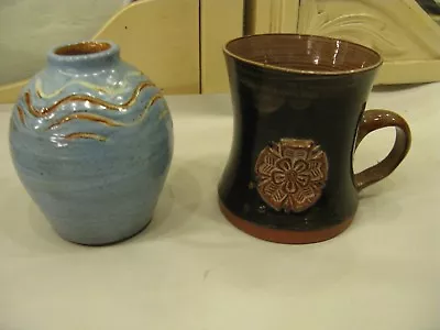 Buy Beautiful Vintage Retro York Rose Hand Thrown Pottery Blue Vase & Mug UK  #PO81 • 14.95£