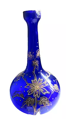 Buy Bohemian Cobalt Blue Long Necked Vase Gilded Flowers A/f • 8.99£