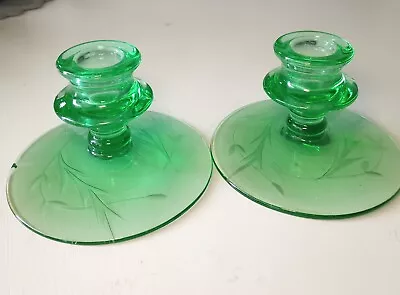 Buy Vintage Pair Of Green Depression Glass Candle Holders Etched With Wheat Pattern • 9.51£