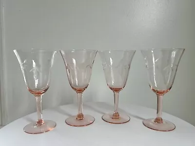 Buy Vintage Pink Depression Wine Glasses Floral Etched Set Of 4 • 42.52£