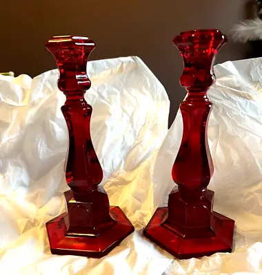 Buy Fostoria Ruby Red Coin Glass Tall Candle Sticks Set Of Two Excellent Condition • 94.86£