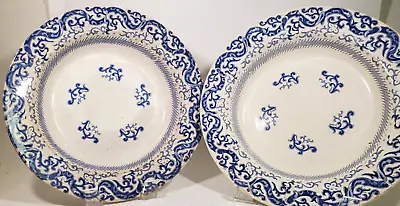 Buy 2 English 19th Century Blue Pearlware Transferware Soup Plates Hampton Pattern • 33.31£