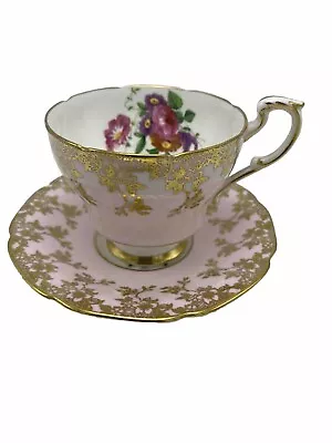 Buy Paragon Fine Bone China Footed Cup Saucer Set H.M. Queen Mary Pink Gilt Floralxx • 42.63£