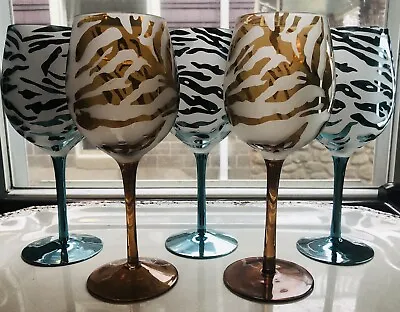 Buy PIer 1 Electroplated Zebra Print Wine Glass Amber Teal Blue Frosted Set Of 5 • 54£