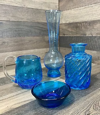 Buy Vintage Blue Glass Lot Crackle Glass Pitcher Candle Holder Mexico Bud Vase • 14.17£