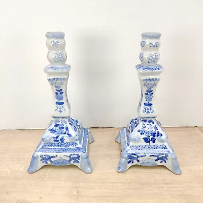 Buy Pair Of Antique Blue & White Porcelain Candle Stick Holders Vintage Blueware • 25.99£