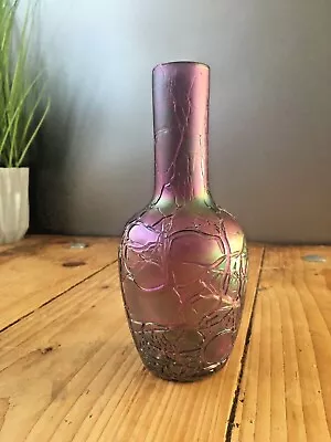 Buy Rare Art Nouveau Bohemian Kralik Iridescent Purple Crackle Glass Veined Bud Vase • 110£