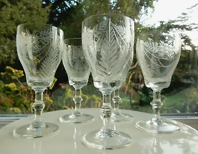Buy 5 PORT GLASSES Vintage VERY FINE ETCH ART NOUVEAU FERNS SWAGS FLOWERS 11cm 50ml • 17.10£