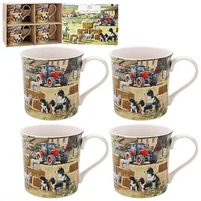 Buy Set Of 4 Fine China Mugs For Tea Coffee Gift Boxed Collie & Sheep Farmyard Scene • 25.99£