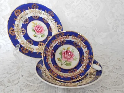 Buy Vintage Royal Grafton Fine Bone China Trio Set Blue Gold Floral Very Decorative • 35£