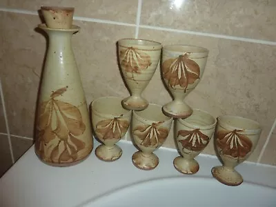 Buy Art Studio Pottery 28.5 Cm Decanter And Six 12 Cm Goblets With Brown Leaf Design • 45£