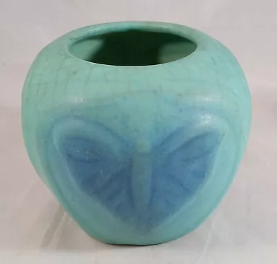Buy Antique VAN BRIGGLE Blue Green Art Pottery Butterfly Moth Vase Turquoise • 43.22£