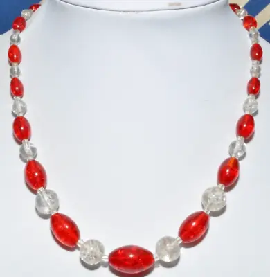 Buy Beautiful Vintage Art Deco Red And Clear Crackle Glass Bead Necklace • 5.99£