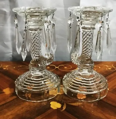 Buy Vintage Cornucopia SET Of 2 Pressed GLASS Candle Holders Victorian PRISMS~8.50”H • 95.18£
