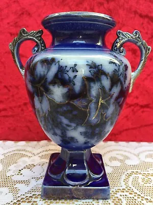 Buy Antique Cobalt Flow Blue & Gilt 6.5' Floral Art Nouveau Urn/Vase C.1900 Repaired • 9.99£