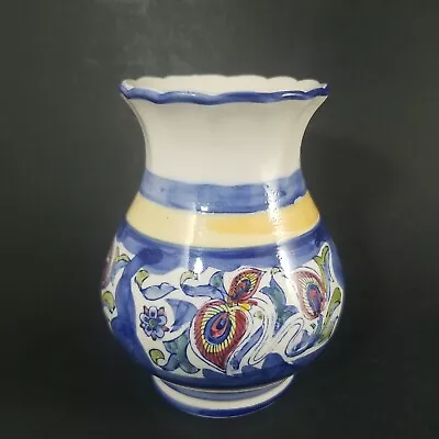 Buy Italian Art Pottery Vase 6 -ruffled Rim, Blue/Yellow/Red, Pedestal, Hand Painted • 12.48£