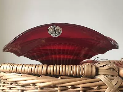 Buy Vintage Swedish Art Glass 50s 60s Ruby Cranberry Red Ribbed Bowl Original Label • 15£