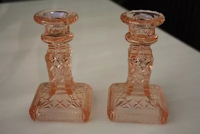 Buy 2 X PINK GLASS DIAMOND CANDLESTICKS CANDLE HOLDERS ART DECO BAGLEY SOWERBY? • 15£