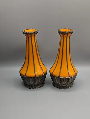 Buy Pair Art Deco Tango Orange Bohemian Glass Vase With Pewter Mesh Mounts - 1930s • 120£